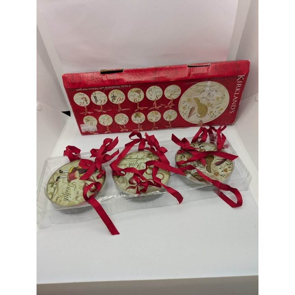 Kirkland's 12 Days of Christmas Tree Glass Round Ornaments 3.8" Set 12